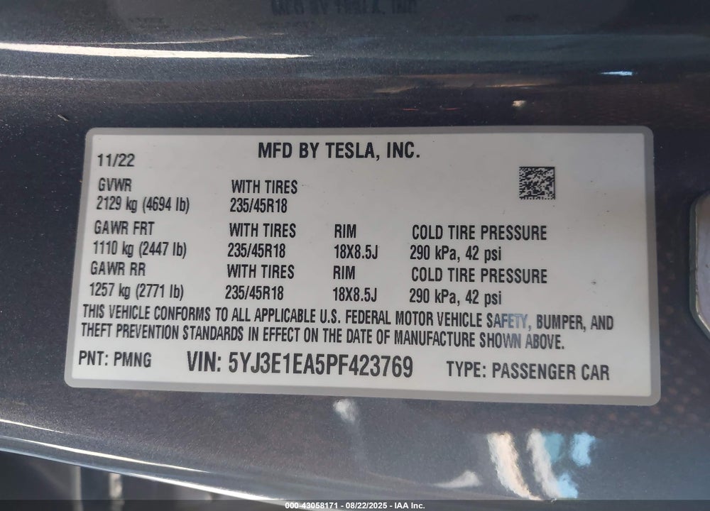 2023 TESLA MODEL 3 VIN: 5YJ3E1EA5PF423769