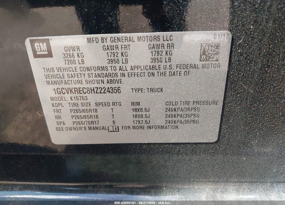 2017 CHEVROLET SILVERADO 1500 VIN: 1GCVKREC8HZ224356