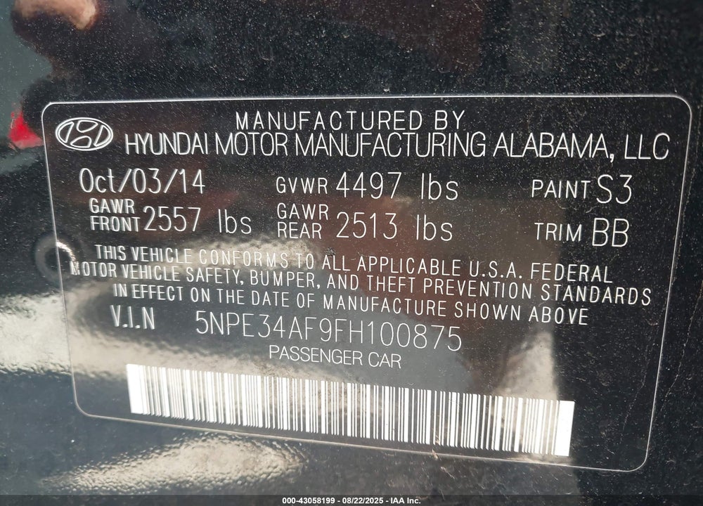 2015 HYUNDAI SONATA LIMITED VIN: 5NPE34AF9FH100875