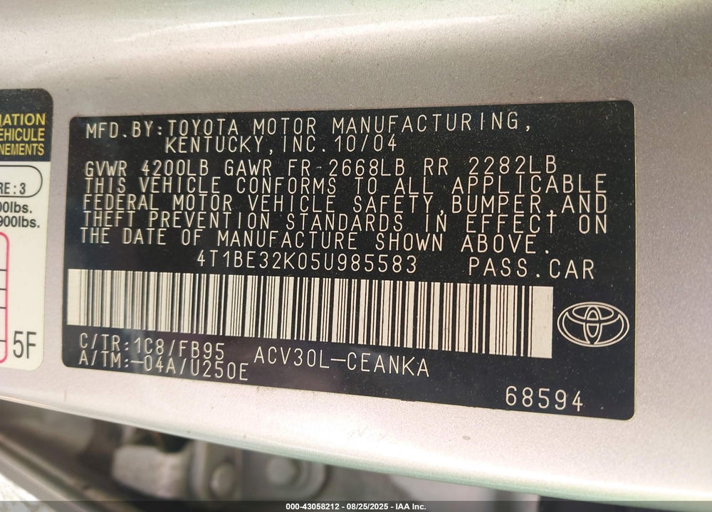 2005 TOYOTA CAMRY LE VIN: 4T1BE32K05U985583