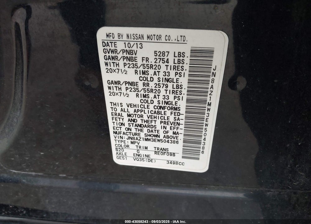 2014 NISSAN MURANO VIN: JN8AZ1MW3EW504386