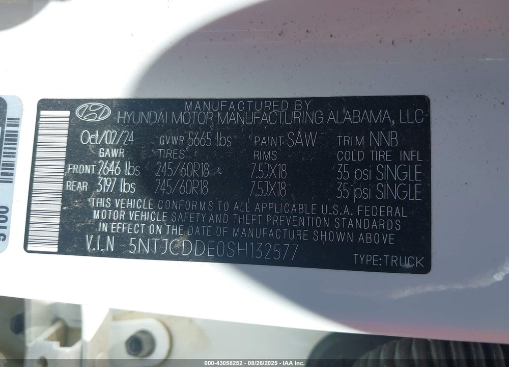 2025 HYUNDAI SANTA CRUZ VIN: 5NTJCDDE0SH132577