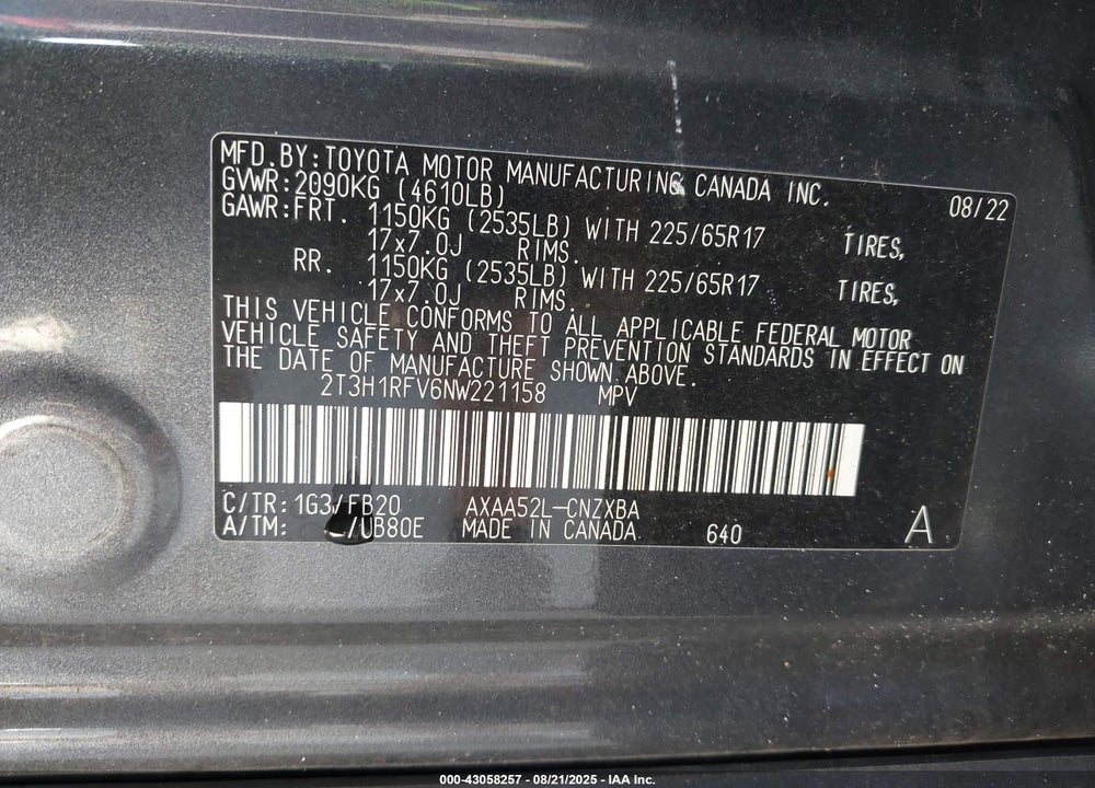 2022 TOYOTA RAV4 VIN: 2T3H1RFV6NW221158