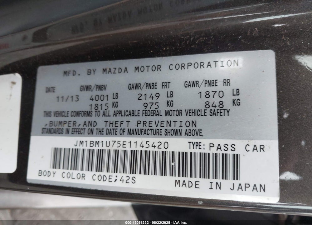 2014 MAZDA 3 VIN: JM1BM1U75E1145420