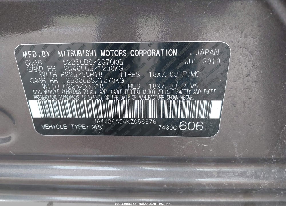 2019 MITSUBISHI OUTLANDER VIN: JA4J24A54KZ056676