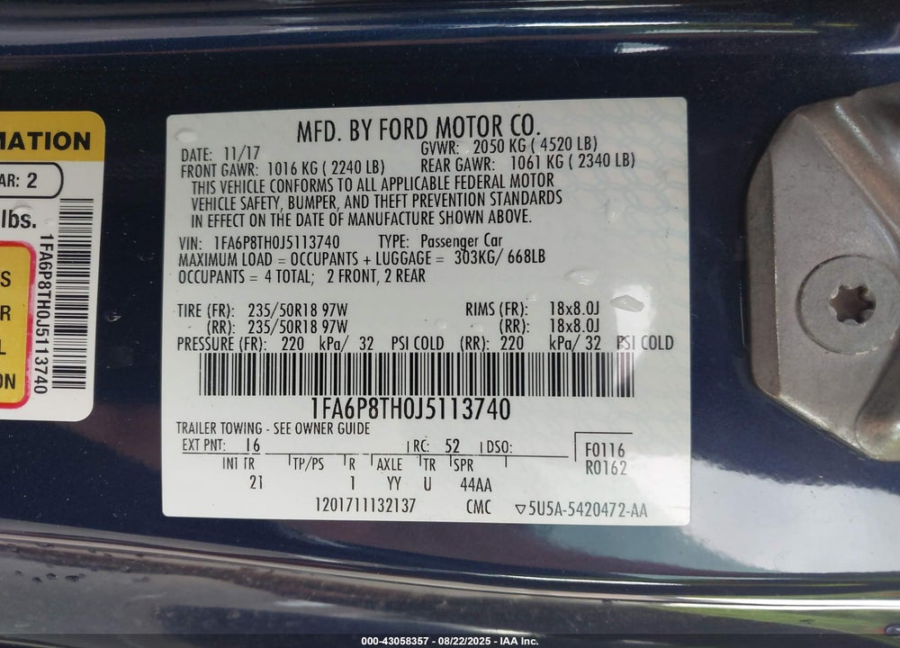 2018 FORD MUSTANG VIN: 1FA6P8TH0J5113740