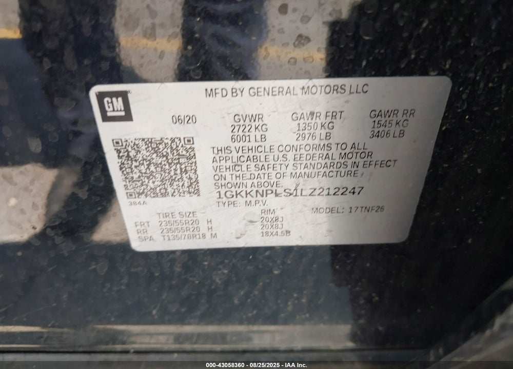 2020 GMC ACADIA VIN: 1GKKNPLS1LZ212247