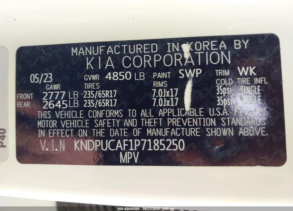 2023 KIA SPORTAGE VIN: KNDPUCAF1P7185250