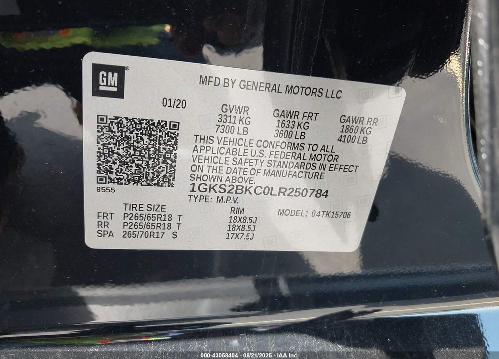 2020 GMC YUKON VIN: 1GKS2BKC0LR250784