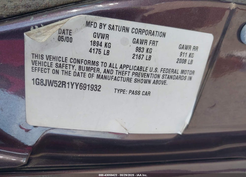 2000 SATURN LS2 VIN: 1G8JW52R1YY691932