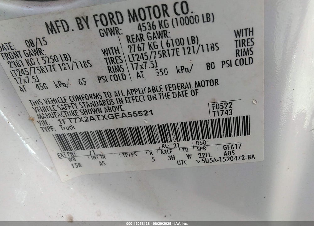 2016 FORD F-250 VIN: 1FT7X2ATXGEA55521
