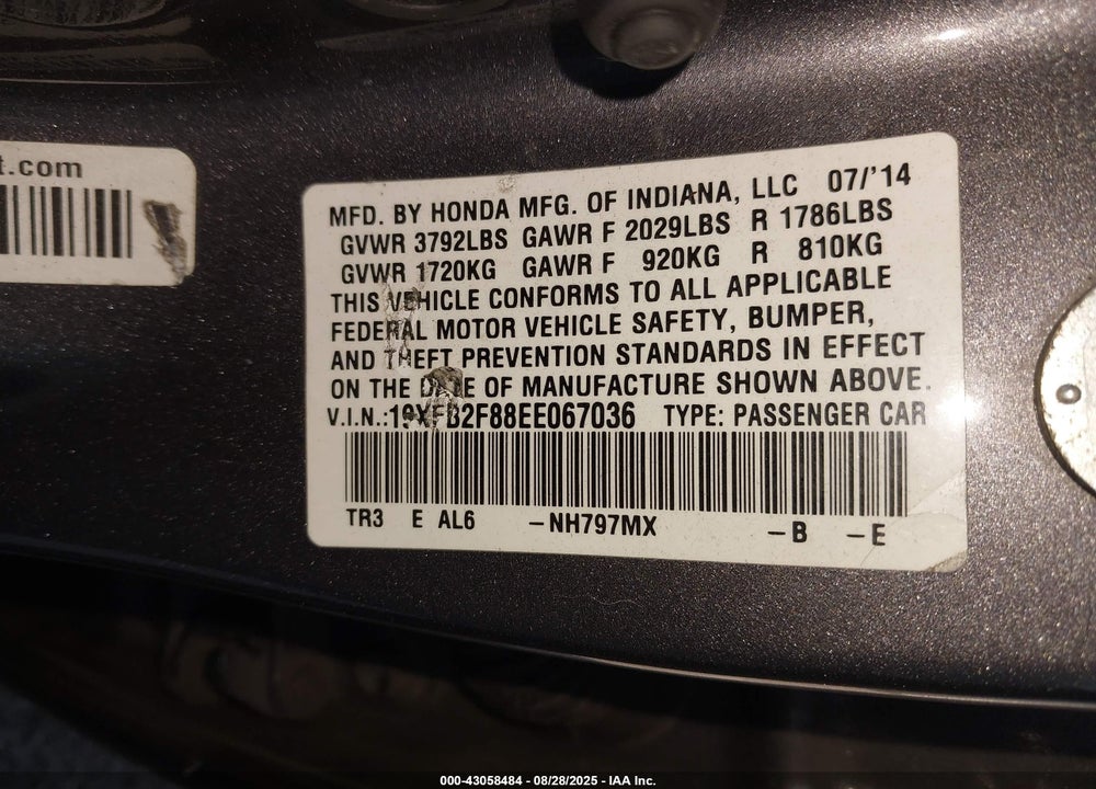 2014 HONDA CIVIC VIN: 19XFB2F88EE067036