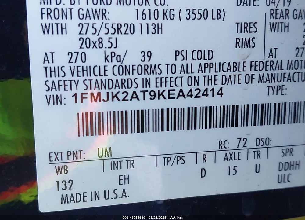2019 FORD EXPEDITION VIN: 1FMJK2AT9KEA42414