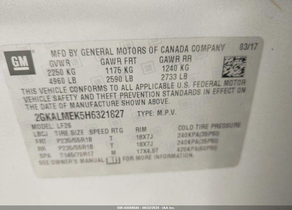 2017 GMC TERRAIN SLE-1 VIN: 2GKALMEK5H6321827