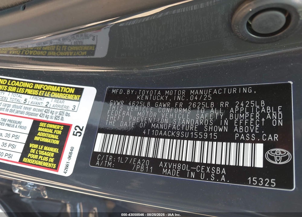 2025 TOYOTA CAMRY VIN: 4T1DAACK9SU155915