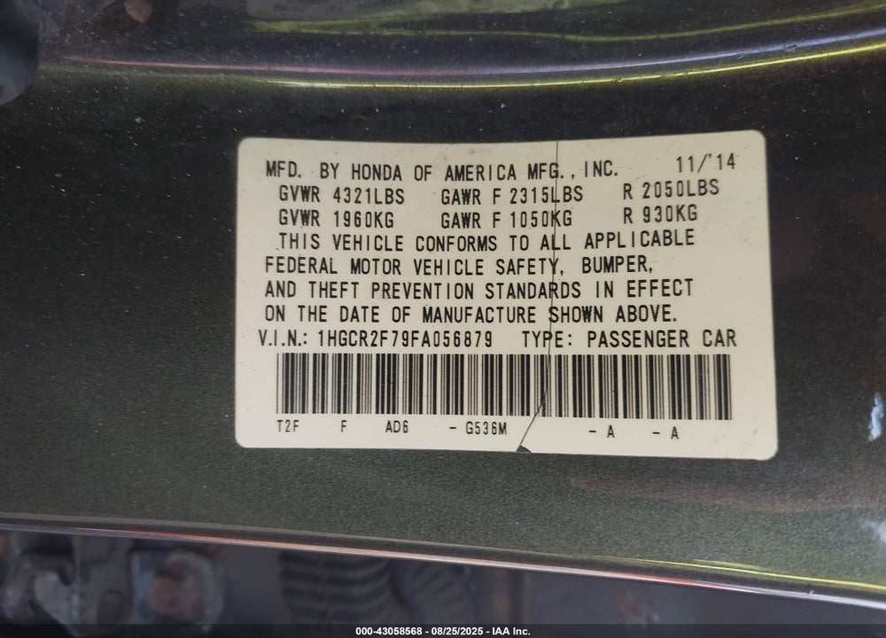 2015 HONDA ACCORD VIN: 1HGCR2F79FA056879