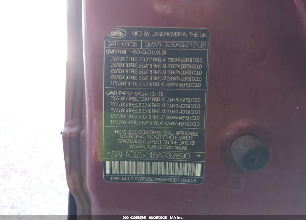 2005 LAND ROVER LR3 SE VIN: SALAD25445A332890