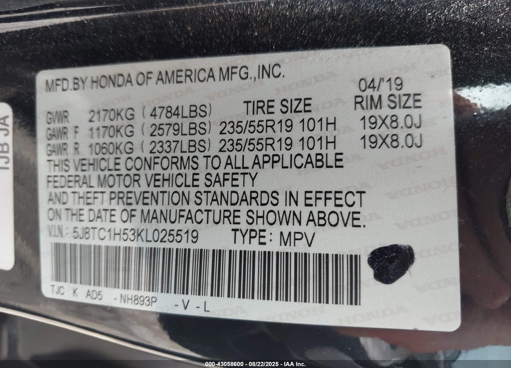 2019 ACURA RDX TECHNOLOGY PACKAGE VIN: 5J8TC1H53KL025519