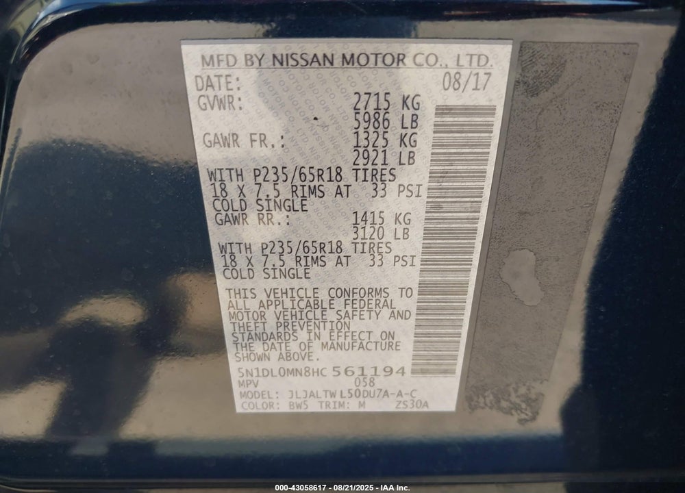 2017 INFINITI QX60 VIN: 5N1DL0MN8HC561194