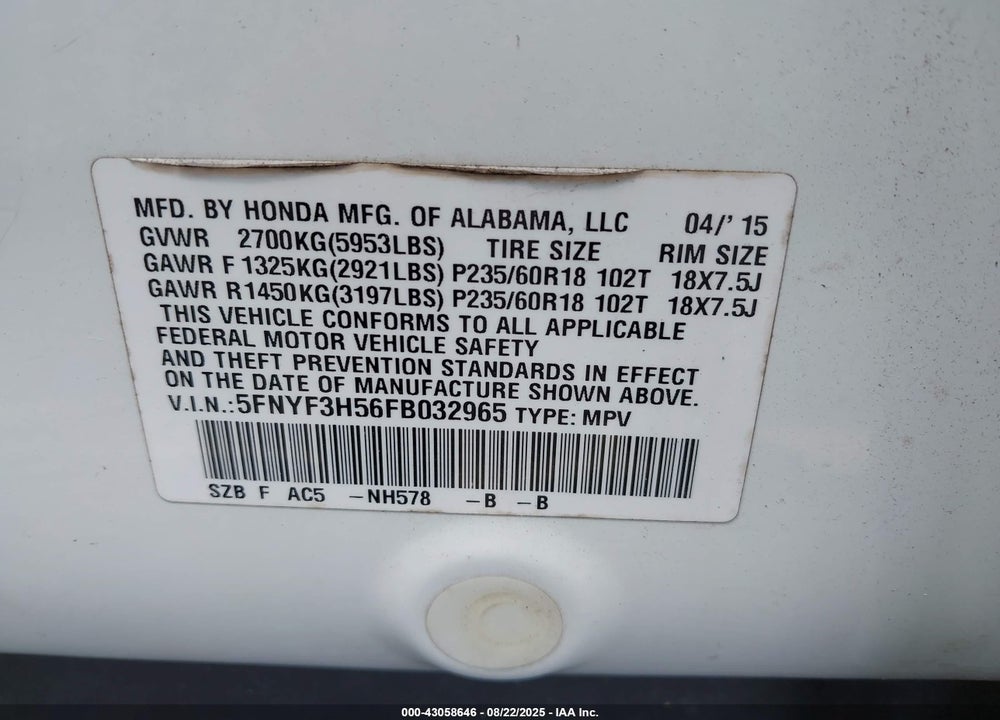 2015 HONDA PILOT EX-L VIN: 5FNYF3H56FB032965