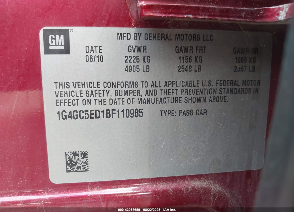 2011 BUICK LACROSSE VIN: 1G4GC5ED1BF110985