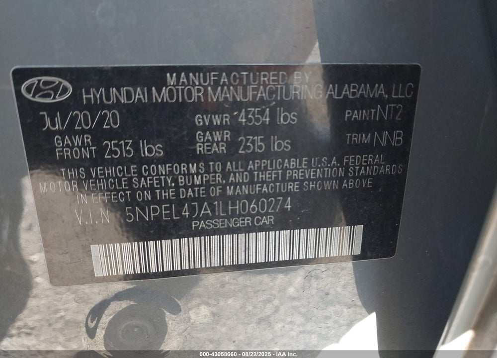 2020 HYUNDAI SONATA SEL VIN: 5NPEL4JA1LH060274