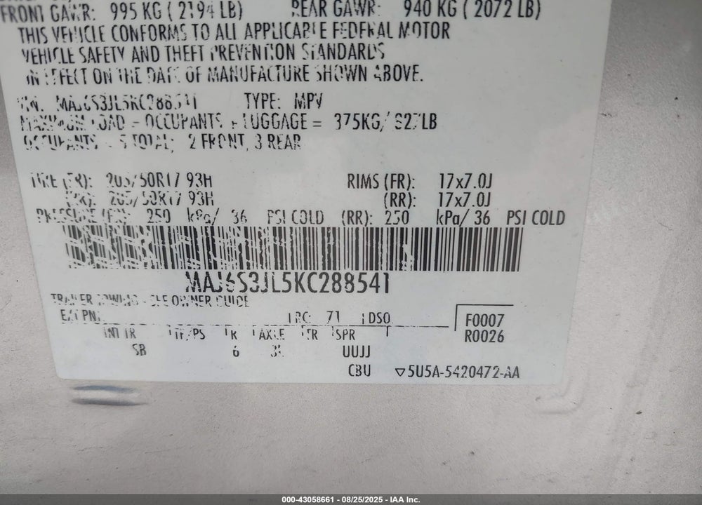 2019 FORD ECOSPORT VIN: MAJ6S3JL5KC288541