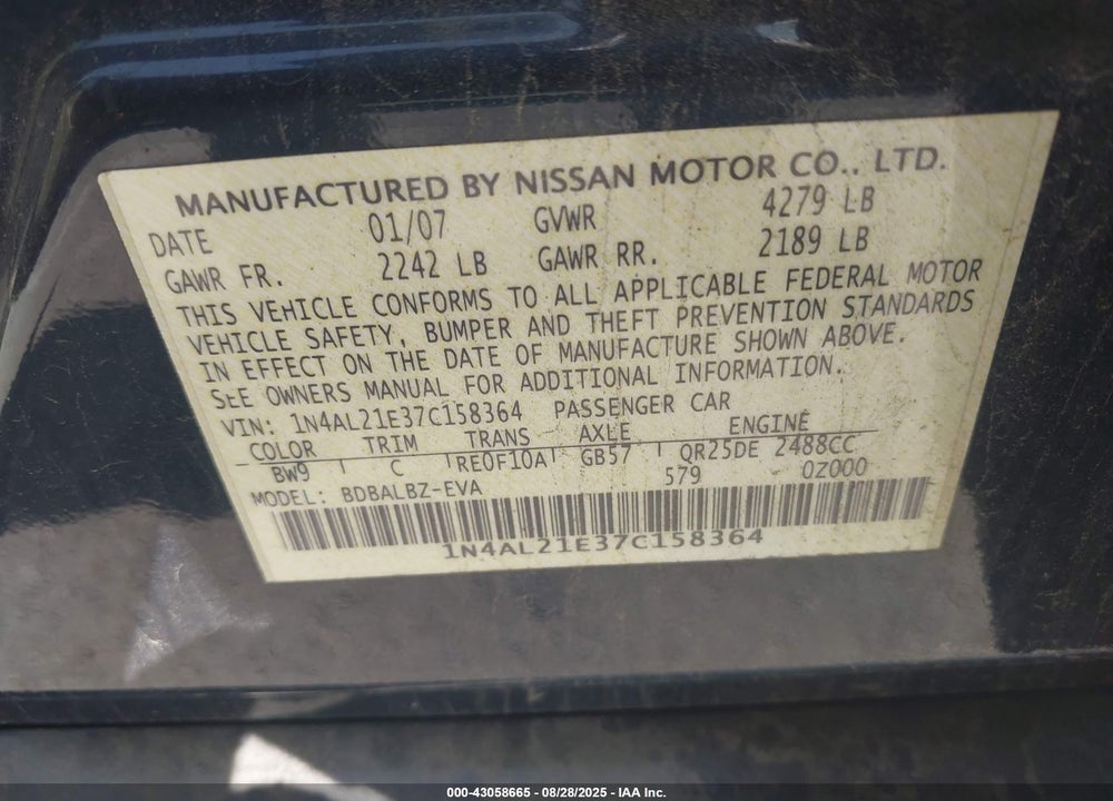 2007 NISSAN ALTIMA 2.5 S VIN: 1N4AL21E37C158364