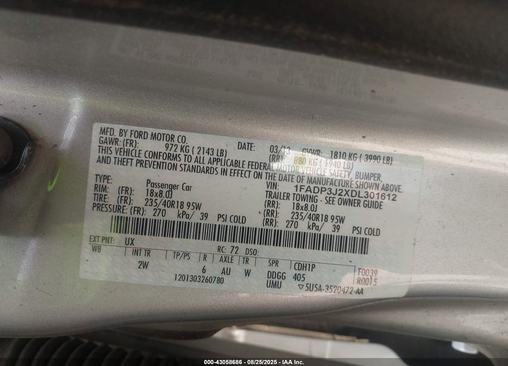 2013 FORD FOCUS VIN: 1FADP3J2XDL301612
