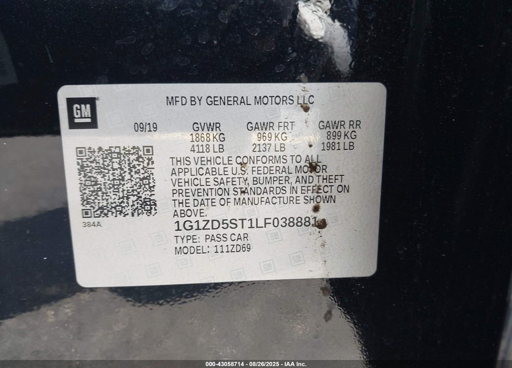 2020 CHEVROLET MALIBU FWD LT VIN: 1G1ZD5ST1LF038881