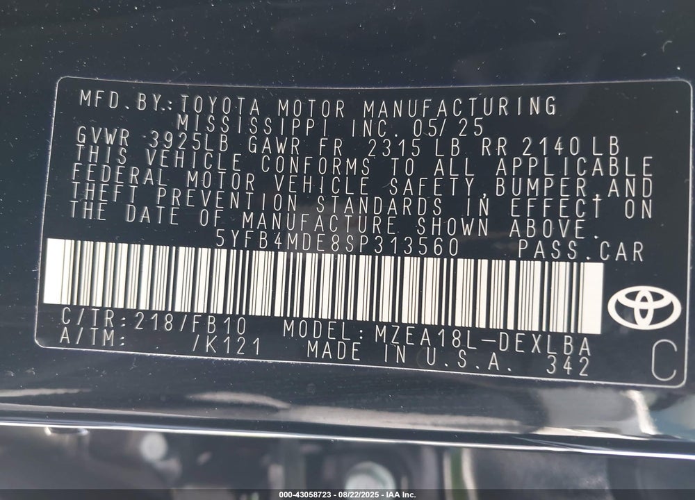 2025 TOYOTA COROLLA VIN: 5YFB4MDE8SP313560