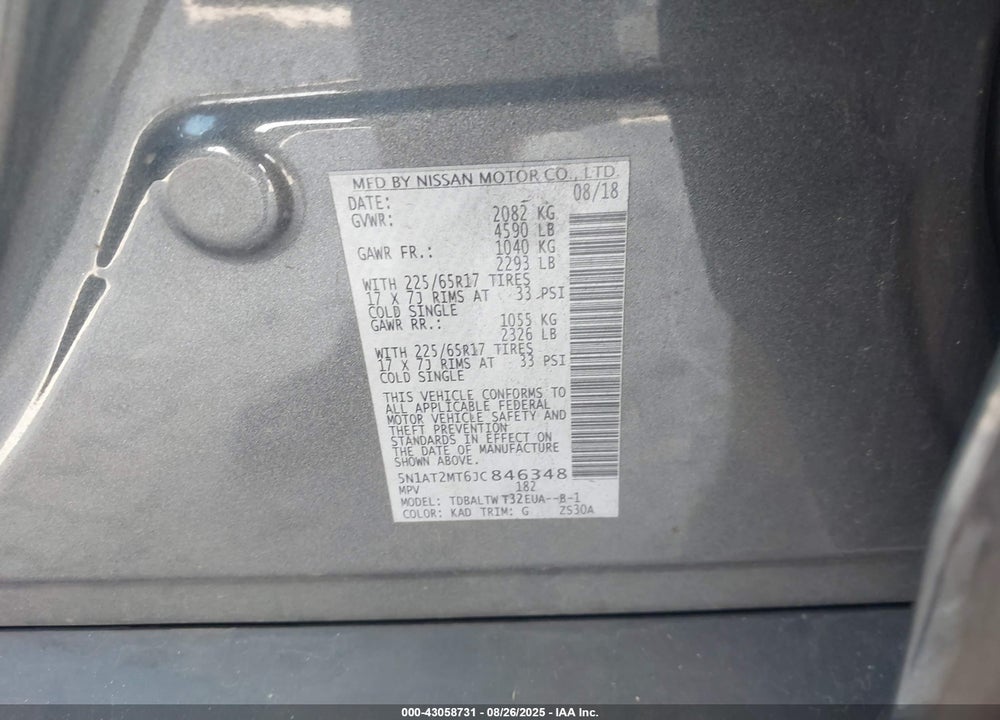 2018 NISSAN ROGUE VIN: 5N1AT2MT6JC846348