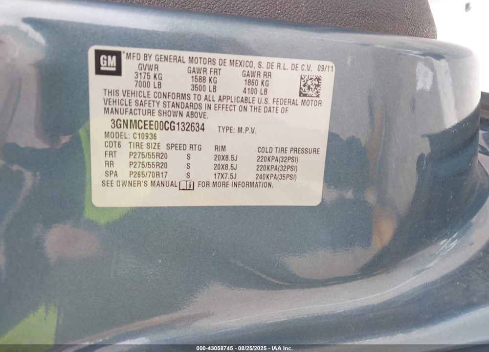 2012 CHEVROLET AVALANCHE VIN: 3GNMCEE00CG132634