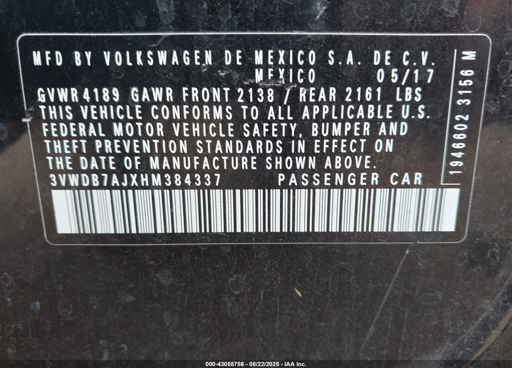 2017 VOLKSWAGEN JETTA VIN: 3VWDB7AJXHM384337
