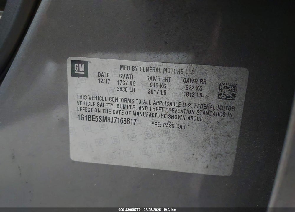 2018 CHEVROLET CRUZE VIN: 1G1BE5SM8J7163617