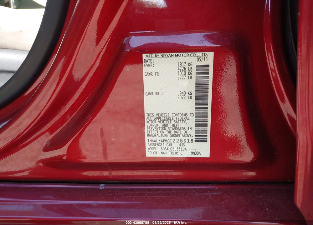 2016 NISSAN ALTIMA VIN: 1N4AL3AP6GC226518