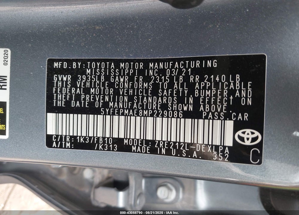 2021 TOYOTA COROLLA VIN: 5YFEPMAE8MP229086