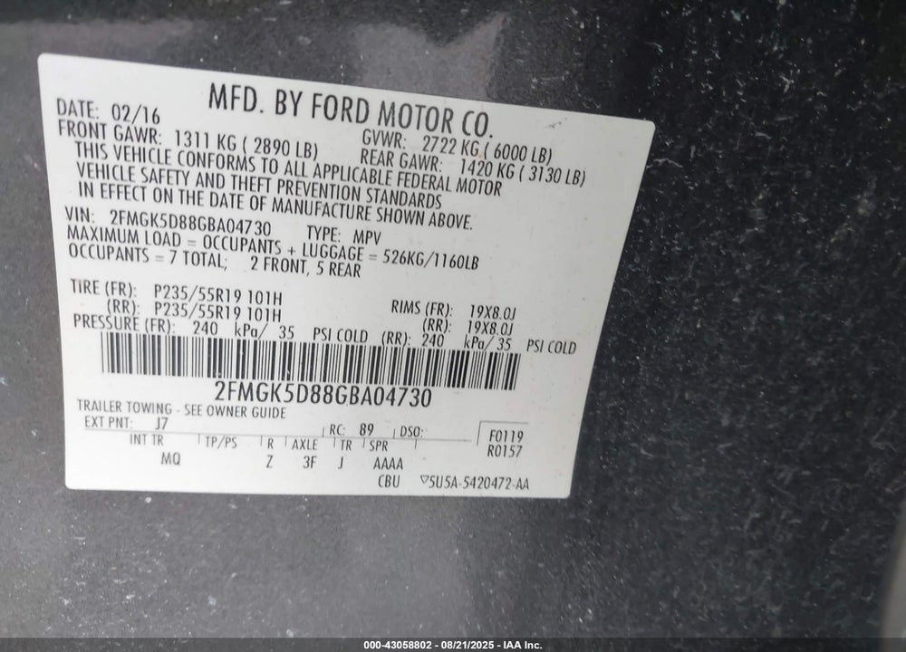 2016 FORD FLEX VIN: 2FMGK5D88GBA04730