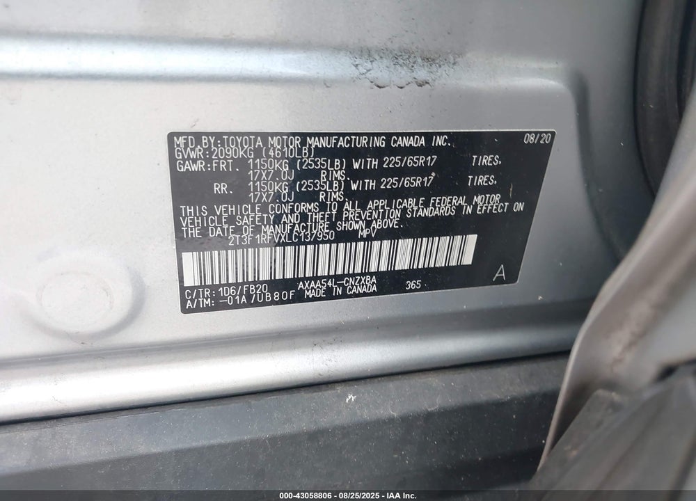 2020 TOYOTA RAV4 LE VIN: 2T3F1RFVXLC137950
