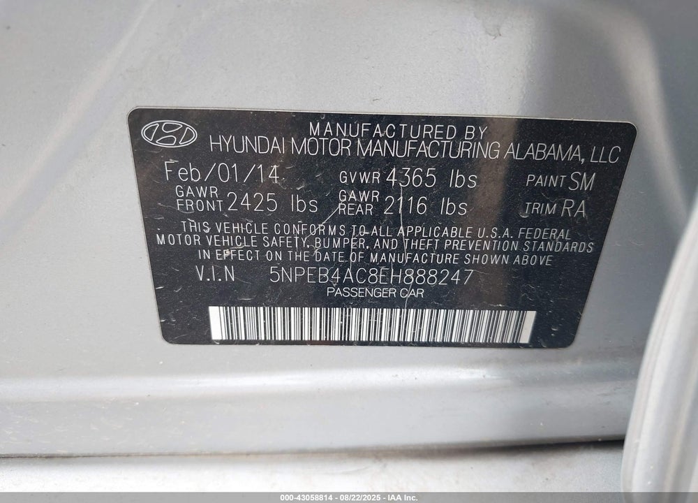 2014 HYUNDAI SONATA VIN: 5NPEB4AC8EH888247