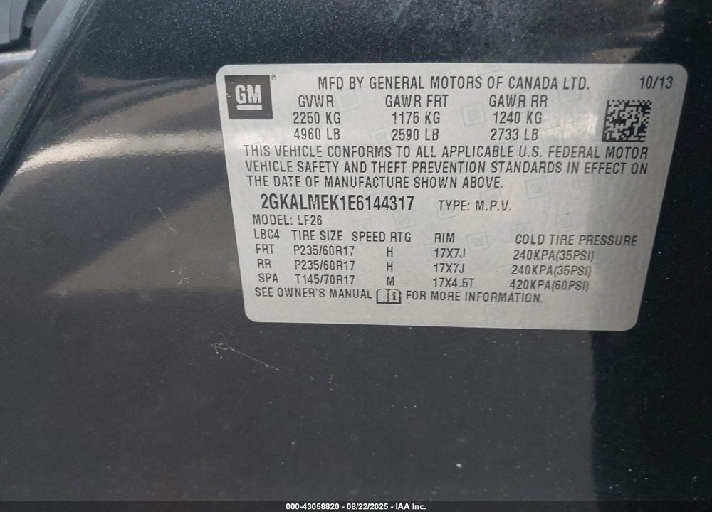 2014 GMC TERRAIN VIN: 2GKALMEK1E6144317