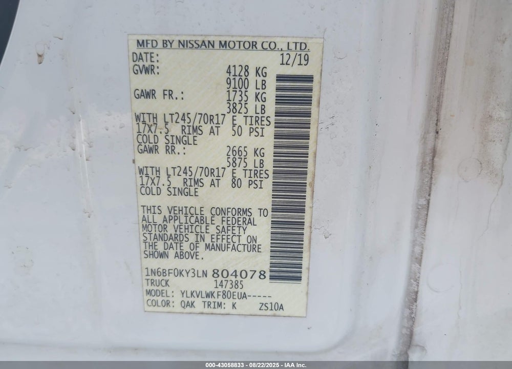 2020 NISSAN NV CARGO NV2500 HD S STANDARD ROOF V6 VIN: 1N6BF0KY3LN804078