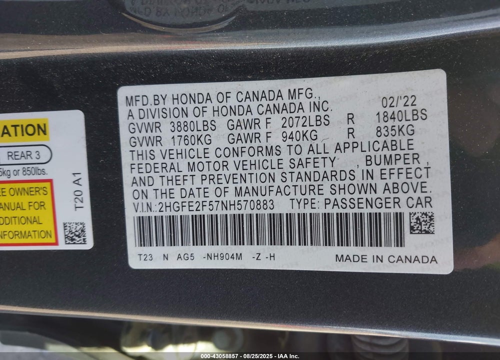 2022 HONDA CIVIC VIN: 2HGFE2F57NH570883