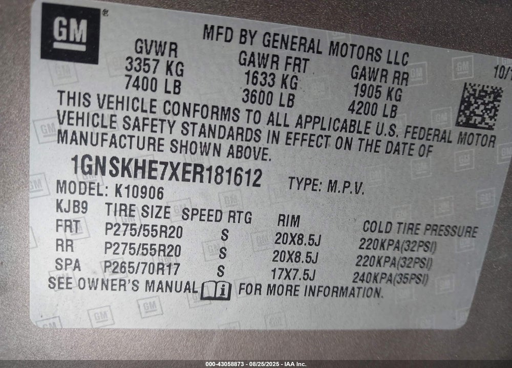 2014 CHEVROLET SUBURBAN 1500 VIN: 1GNSKHE7XER181612