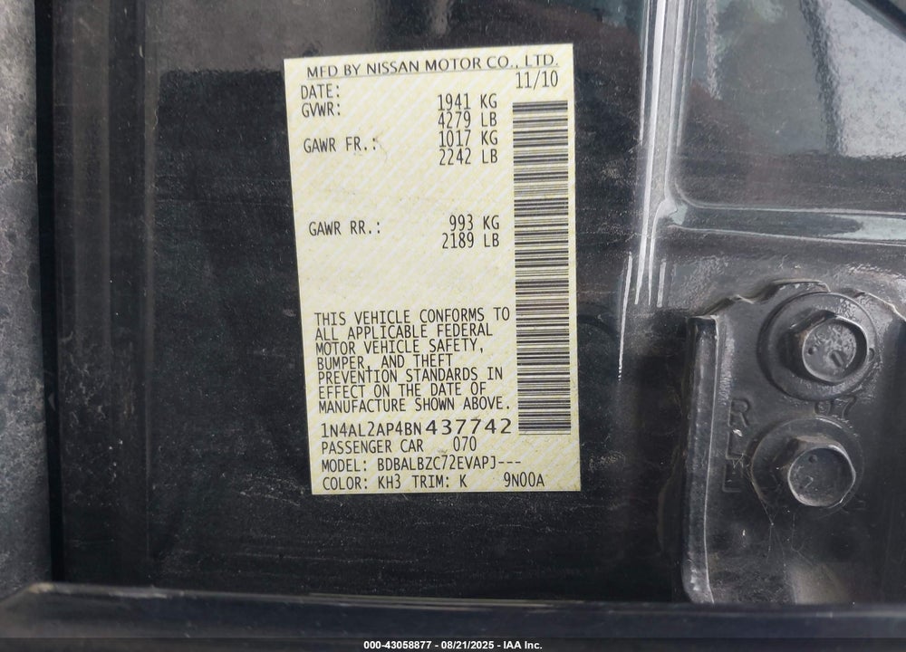 2011 NISSAN ALTIMA 2.5 S VIN: 1N4AL2AP4BN437742