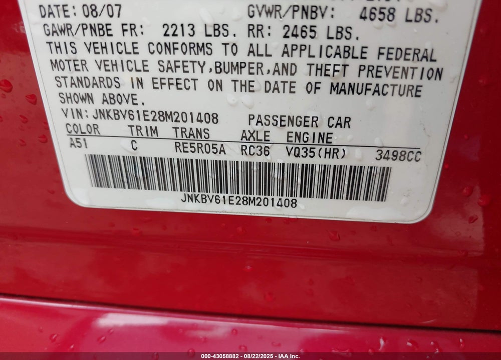 2008 INFINITI G35 JOURNEY VIN: JNKBV61E28M201408