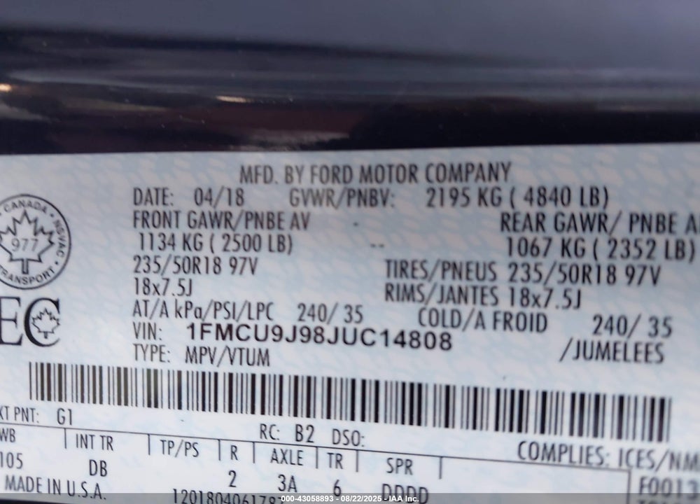 2018 FORD ESCAPE VIN: 1FMCU9J98JUC14808