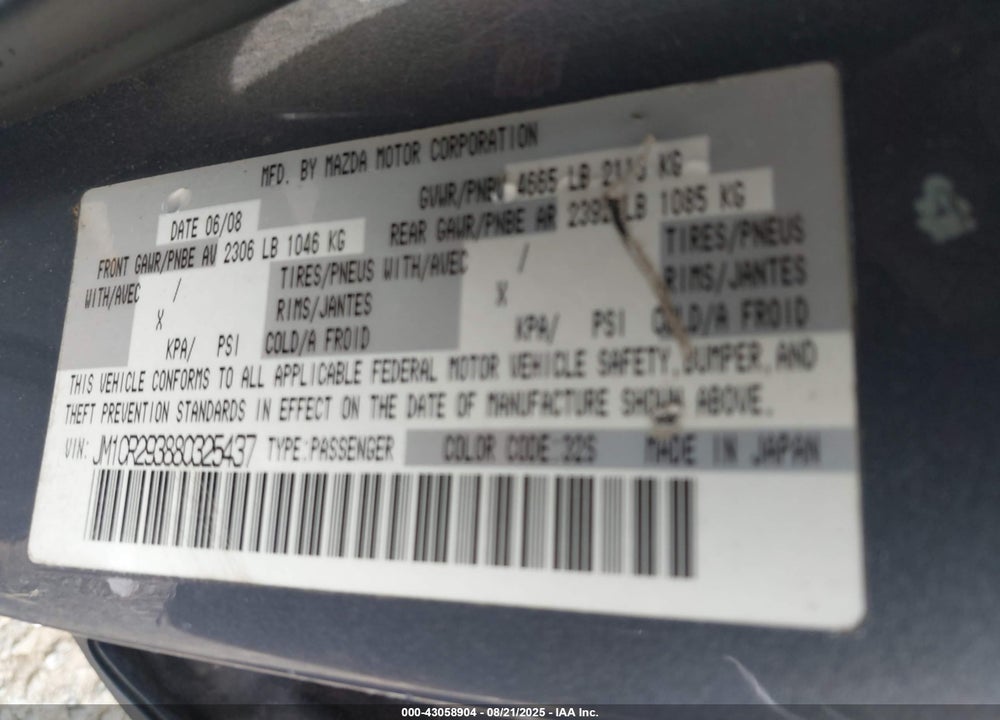 2008 MAZDA 5 GRAND TOURING VIN: JM1CR293880325437