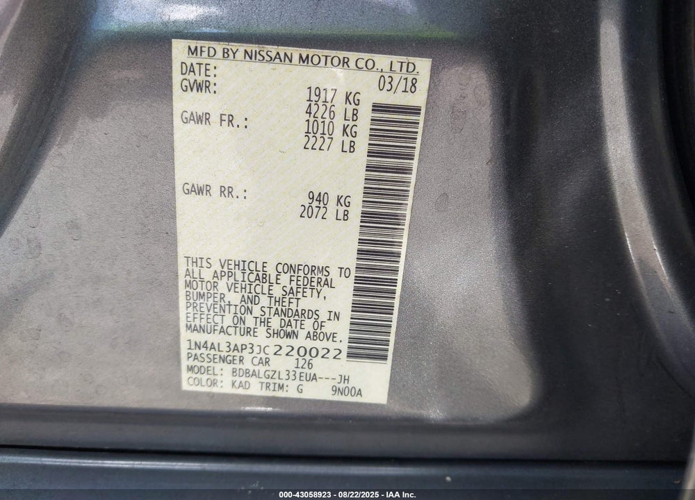 2018 NISSAN ALTIMA VIN: 1N4AL3AP3JC220022