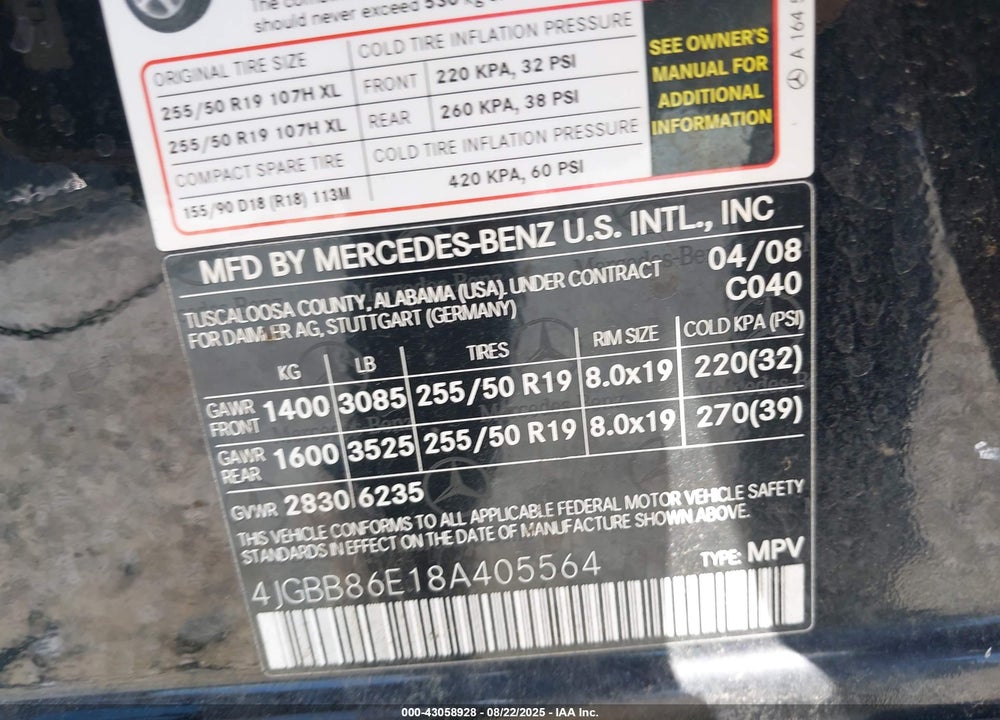 2008 MERCEDES-BENZ ML 350 4MATIC VIN: 4JGBB86E18A405564